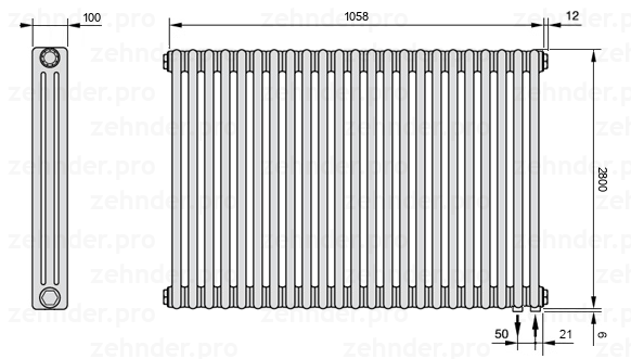Схема (чертеж) Радиатор Zehnder Charleston 3280/23 №5510 Белый глянцевый RAL 9016